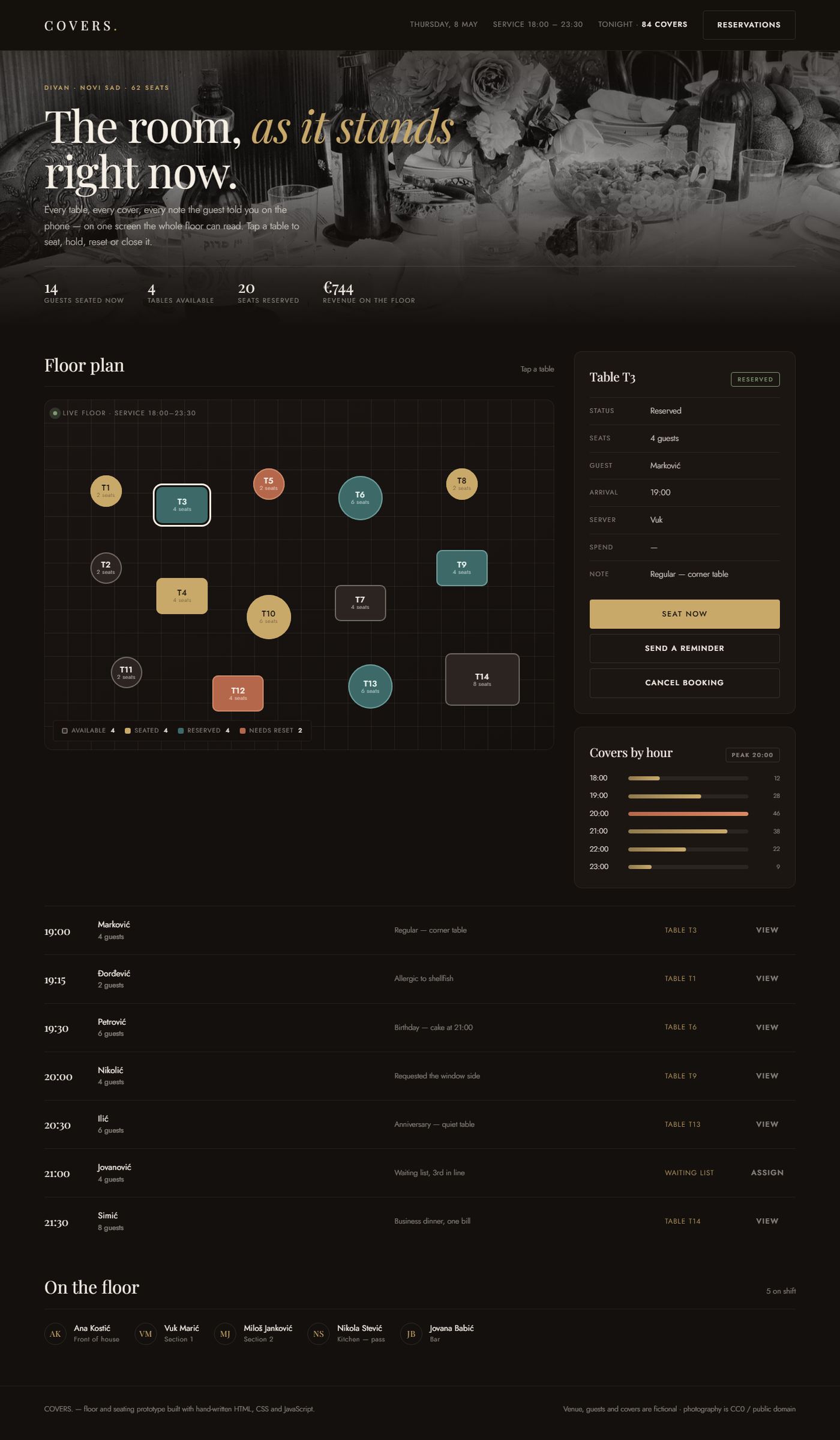 COVERS restaurant floor plan with table statuses