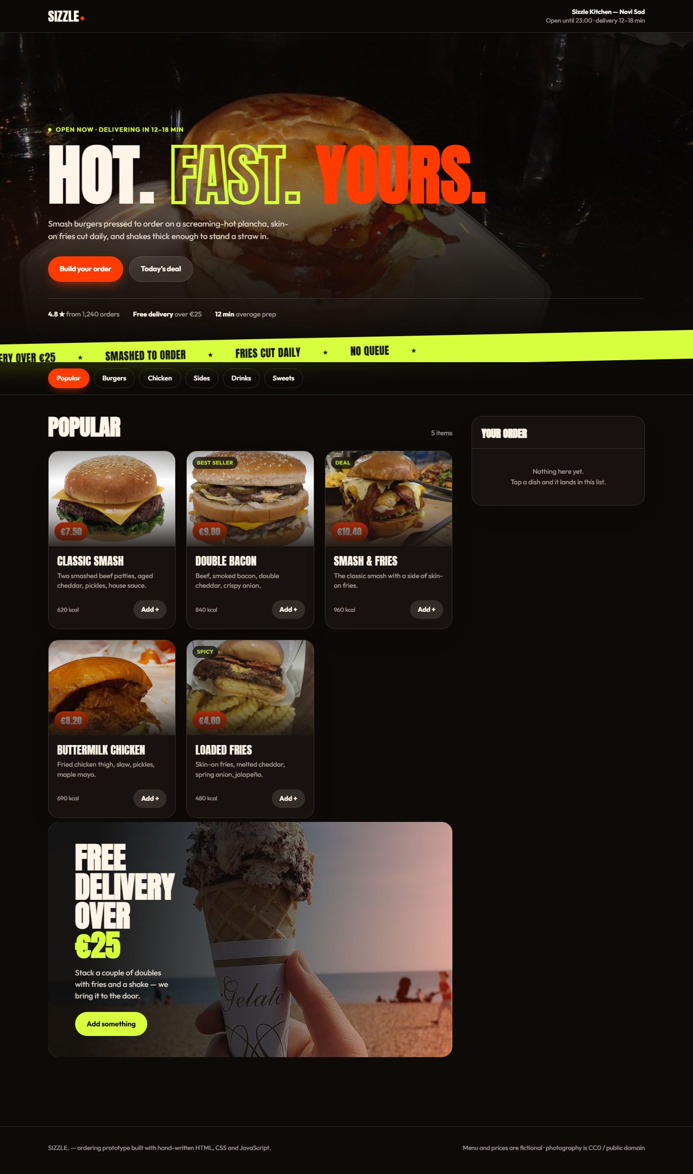 SIZZLE ordering screen with the menu and cart