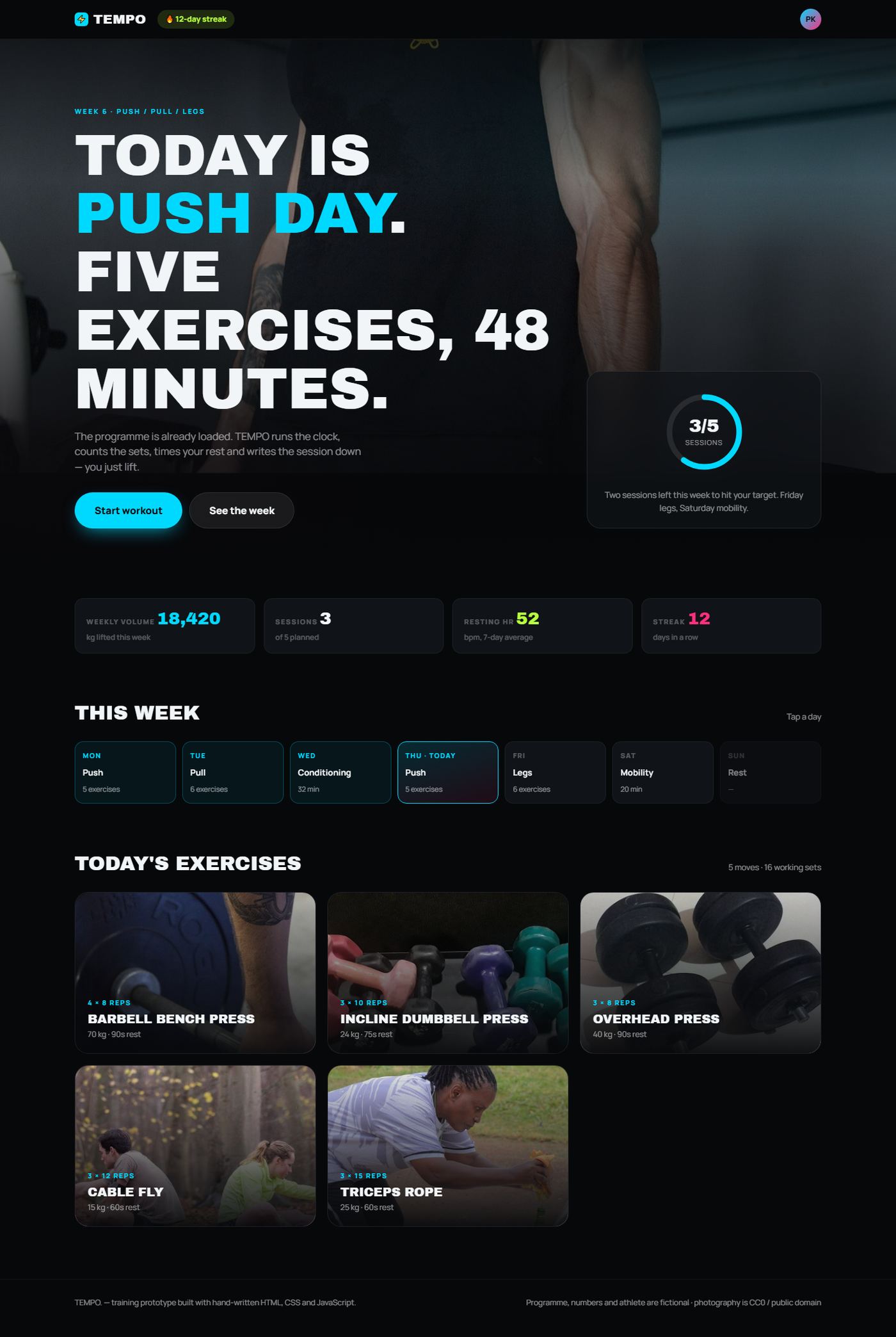 TEMPO training app home screen and live workout player